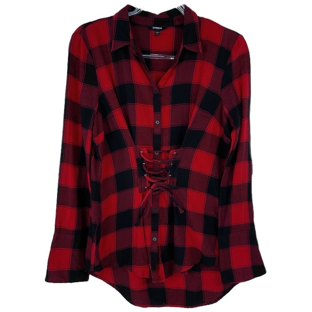 Express Red Black Plaid Corset Front Button Up Tunic Shirt Small